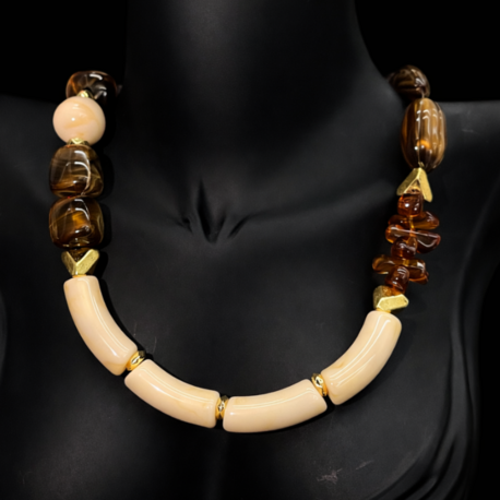 Krem & Kahve Tonlu Doğal Taş Görünümlü Kolye