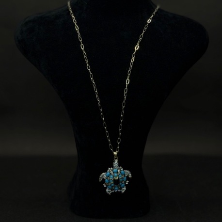 Turkuaz Taşlı Kaplumbağa Uçlu Uzun Zincir Kolye