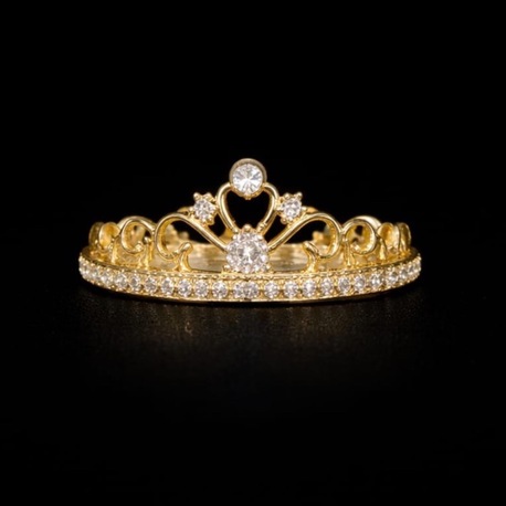 Altın Renk Taç Model Taşlı Yüzük Kalp Detaylı Prenses Yüzük